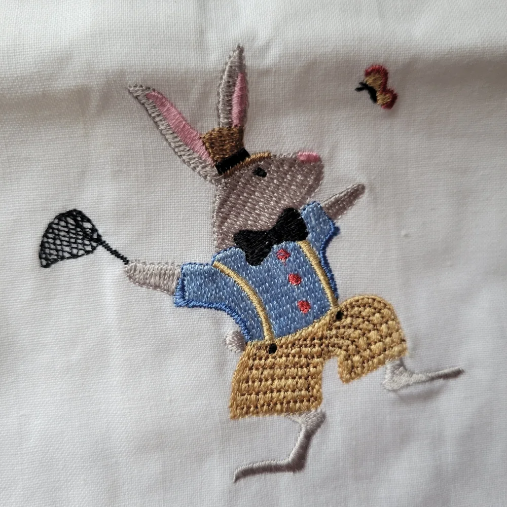Embroidered Bunny Cotton Tea Towel Butterfly Easter Cute! FINAL PRICE!